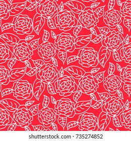 Red line roses floral pattern seamless vector. Flat white contour colored flowers for print on fabric or wallpaper.
