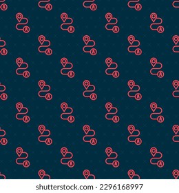 Red line Route location icon isolated seamless pattern on black background. Map pointer sign. Concept of path or road. GPS navigator.  Vector