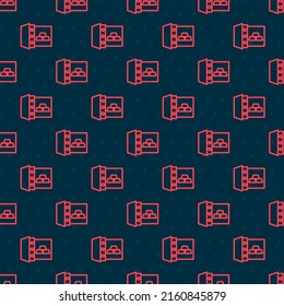 Línea roja Segura con icono de barras doradas aislado patrón sin fisuras sobre fondo negro. Metales preciosos depositados en bancos. Tesorería metálica. Protección de datos fiable.  Vector