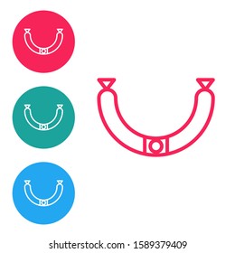Red line Sausage with steam icon isolated on white background. Grilled sausage and aroma sign. Set icons in circle buttons. Vector Illustration