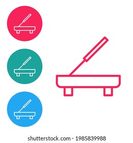Red line Scented spa stick on a wooden stand icon isolated on white background. Incense stick. Cosmetic procedure aromatherapy. Set icons in circle buttons. Vector