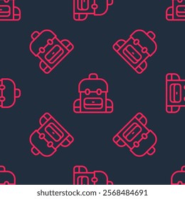 Red line School backpack icon isolated seamless pattern on black background.  Vector