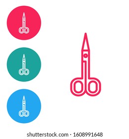 Red line Scissors icon isolated on white background. Cutting tool sign. Set icons in circle buttons. Vector Illustration