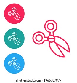 Red line Scissors icon isolated on white background. Cutting tool sign. Set icons in circle buttons. Vector