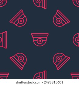 Red line Security camera icon isolated seamless pattern on black background.  Vector