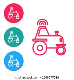 Red line Self driving wireless tractor on a smart farm icon isolated on white background. Smart agriculture implement element. Set icons in circle buttons. Vector Illustration