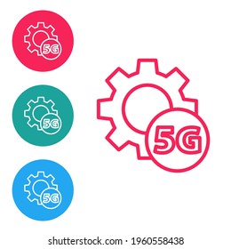 Red line Setting 5G new wireless internet wifi connection icon isolated on white background. Global network high speed connection data rate technology. Set icons in circle buttons. Vector