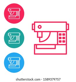 Red line Sewing machine icon isolated on white background. Set icons in circle buttons. Vector Illustration