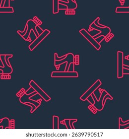 Red line Sewing machine icon isolated seamless pattern on black background.  Vector