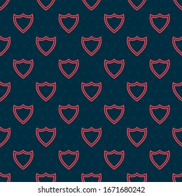 Red line Shield icon isolated seamless pattern on black background. Guard sign. Security, safety, protection, privacy concept.  Vector Illustration