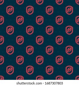 Red line Shield with leaf icon isolated seamless pattern on black background. Eco-friendly security shield with leaf.  Vector Illustration