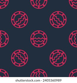 Red line Ship porthole with rivets and seascape outside icon isolated seamless pattern on black background.  Vector