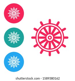 Red line Ship steering wheel icon isolated on white background. Set icons in circle buttons. Vector Illustration