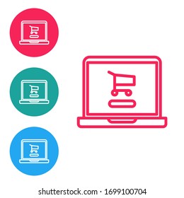 Red line Shopping cart on screen laptop icon isolated on white background. Concept e-commerce, e-business, online business marketing. Set icons in circle buttons. Vector Illustration