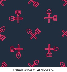 Red line Shovel and rake icon isolated seamless pattern on black background. Tool for horticulture, agriculture, gardening, farming. Ground cultivator.  Vector