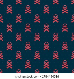 Red line Skull on crossbones icon isolated seamless pattern on black background.  Vector Illustration