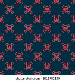 Red line Skull on crossbones icon isolated seamless pattern on black background. Happy Halloween party.  Vector