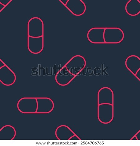Red line Sleeping pill icon isolated seamless pattern on black background.  Vector