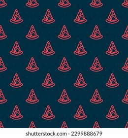 Red line Slice of pizza icon isolated seamless pattern on black background. Fast food menu.  Vector