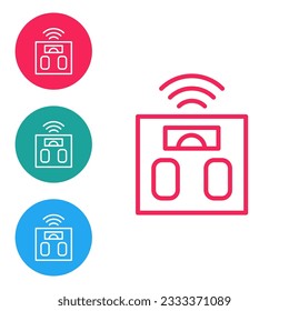 Línea roja El inteligente icono de báscula de baño aislado en un fondo blanco. Equipamiento para medir el peso. Internet de cosas con conexión inalámbrica. Establezca los iconos en los botones de círculo. Vector