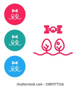 Red line Smart farm with drone control and tree icon isolated on white background. Innovation technology for agricultural company. Set icons in circle buttons. Vector Illustration