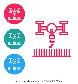 Red line Smart farm with drone control for seed planting icon isolated on white background. Innovation technology for agricultural company. Set icons in circle buttons. Vector Illustration