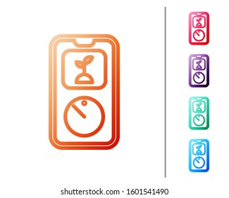 Red line Smart farming technology - timer farm automation system in app icon isolated on white background. Set color icons. Vector Illustration