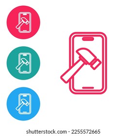 Red line Smartphone with broken screen icon isolated on white background. Shattered phone screen icon. Set icons in circle buttons. Vector