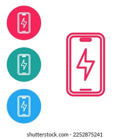 Red line Smartphone charging battery icon isolated on white background. Phone with a low battery charge. Set icons in circle buttons. Vector