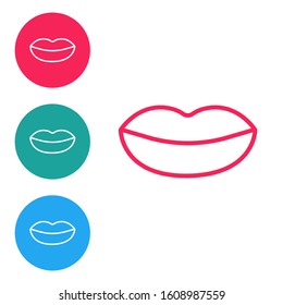 Red line Smiling lips icon isolated on white background. Smile symbol. Set icons in circle buttons. Vector Illustration