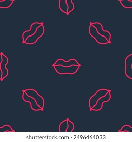 Red line Smiling lips icon isolated seamless pattern on black background. Smile symbol.  Vector
