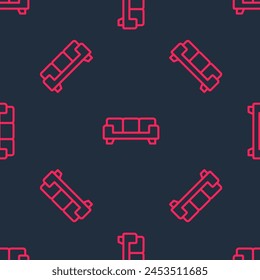 Icono de sofá de línea roja aislado patrón sin fisuras sobre fondo negro.  Vector