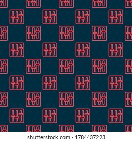 Red line Sound mixer controller icon isolated seamless pattern on black background. Dj equipment slider buttons. Mixing console.  Vector Illustration