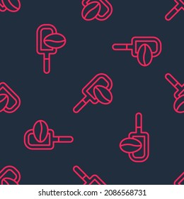 Red line Spatula with coffee grain icon isolated seamless pattern on black background. Coffee beans.  Vector