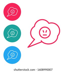 Red line Speech bubble with angry smile icon isolated on white background. Emoticon face. Set icons in circle buttons. Vector Illustration
