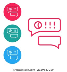 Burbuja de la línea roja del discurso sobre el ícono del partido de béisbol aislado en fondo blanco. Icono de mensaje. Símbolo de chat de comunicación o comentario. Establezca los iconos en los botones de círculo. Vector