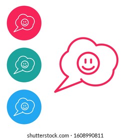 Red line Speech bubble with smile face icon isolated on white background. Smiling emoticon.  Set icons in circle buttons. Vector Illustration