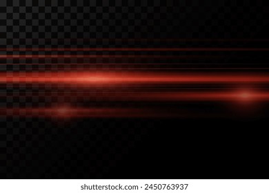 Línea roja de velocidad y luz. Llamarada Horizontal, efecto brillante. Sobre un fondo transparente.
