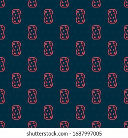 Red line Sponge with bubbles icon isolated seamless pattern on black background. Wisp of bast for washing dishes. Cleaning service logo.  Vector Illustration