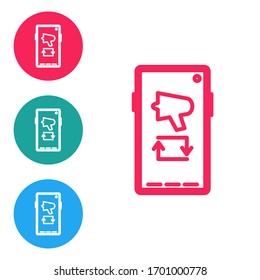 rote Linie Spread das Wort, Megaphon auf Handy Symbol einzeln auf weißem Hintergrund. Symbole in Kreisknöpfen einstellen. Vektorgrafik
