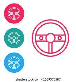 Red line Steering wheel icon isolated on white background. Car wheel icon. Set icons in circle buttons. Vector Illustration