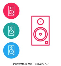 Red line Stereo speaker icon isolated on white background. Sound system speakers. Music icon. Musical column speaker bass equipment. Set icons in circle buttons. Vector Illustration