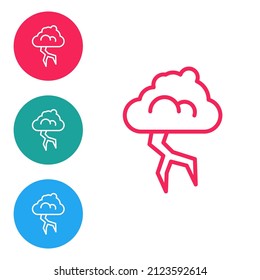 Red line Storm icon isolated on white background. Cloud and lightning sign. Weather icon of storm. Set icons in circle buttons. Vector