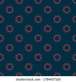 Red line Sun icon isolated seamless pattern on black background. Summer symbol. Good sunny day.  Vector Illustration