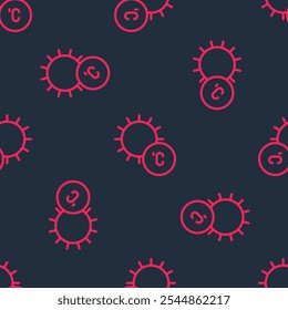 Red line Sun icon isolated seamless pattern on black background.  Vector