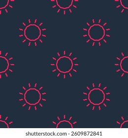 Red line Sun icon isolated seamless pattern on black background.  Vector