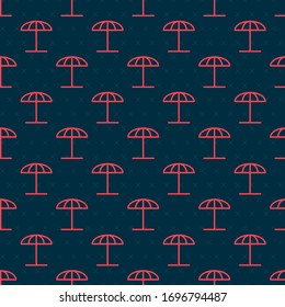 Red line Sun protective umbrella for beach icon isolated seamless pattern on black background. Large parasol for outdoor space. Beach umbrella.  Vector Illustration