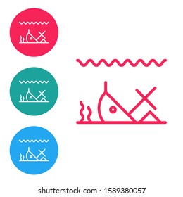 Red line Sunken ship at the bottom of the sea icon isolated on white background. Set icons in circle buttons. Vector Illustration