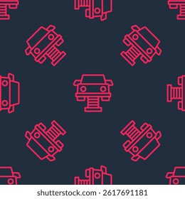 Red line Swing car on the playground icon isolated seamless pattern on black background. Childrens carousel with car. Amusement icon.  Vector