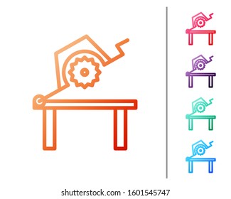 Red line Table saw for woodwork icon isolated on white background. Power saw bench. Set color icons. Vector Illustration